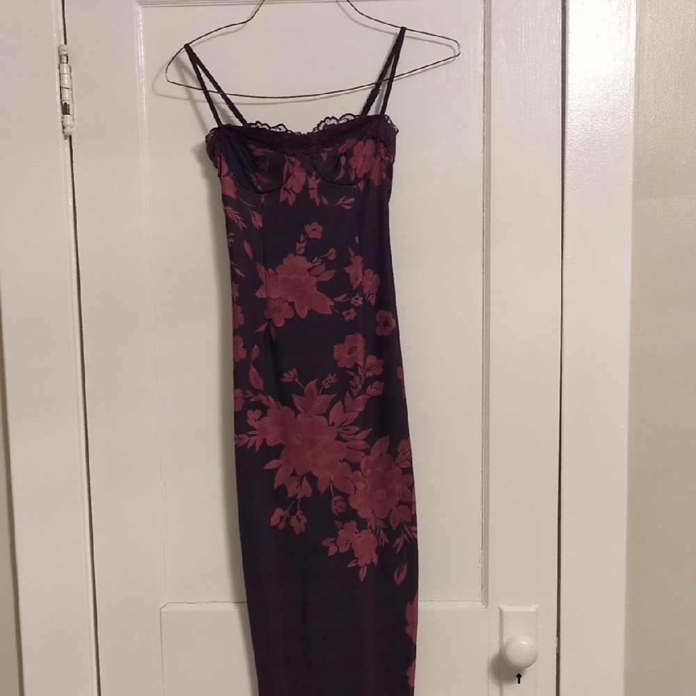 Floral Slip Dress with Lace Trim Mesh Dress Small